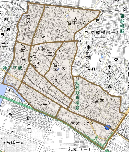宮本とその周辺の地図。町の範囲を重ねている