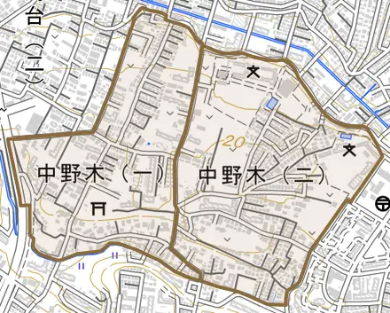 中野木とその周辺の地図。町の範囲を重ねている