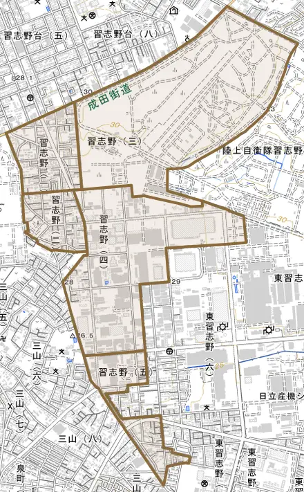 習志野とその周辺の地図。町の範囲を重ねている