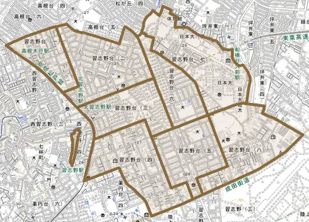 習志野台とその周辺の地図。町の範囲を重ねている