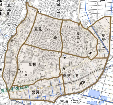 夏見とその周辺の地図。町の範囲を重ねている