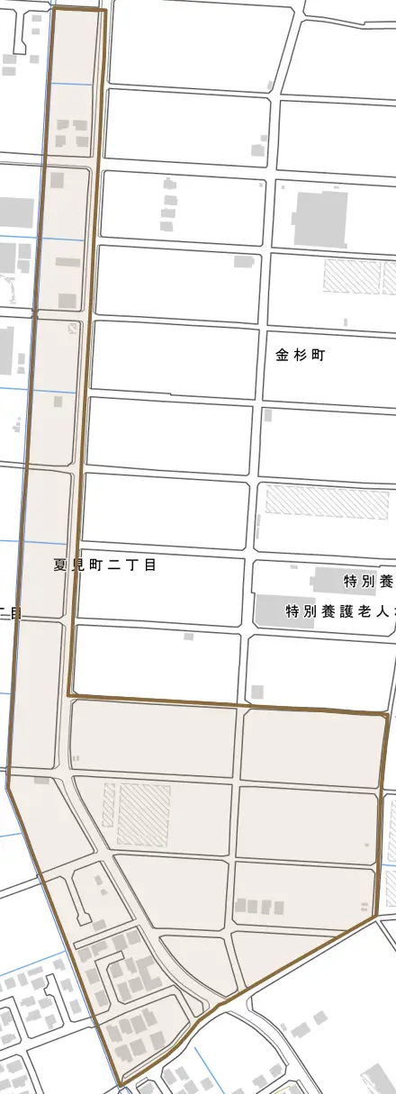 夏見町とその周辺の地図。町の範囲を重ねている
