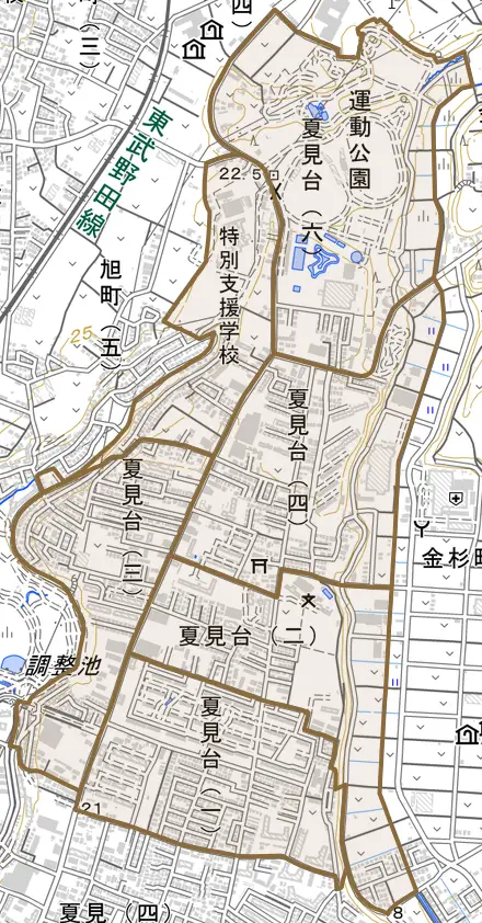 夏見台とその周辺の地図。町の範囲を重ねている