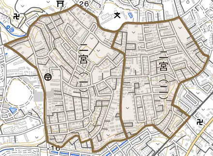 二宮とその周辺の地図。町の範囲を重ねている