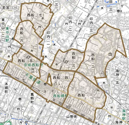 西船とその周辺の地図。町の範囲を重ねている