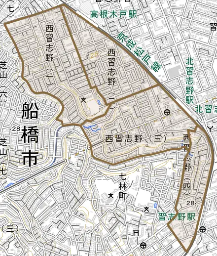 西習志野とその周辺の地図。町の範囲を重ねている