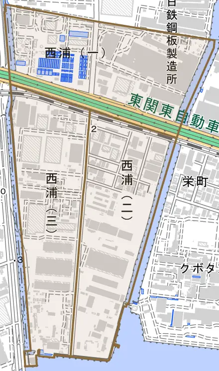 西浦とその周辺の地図。町の範囲を重ねている