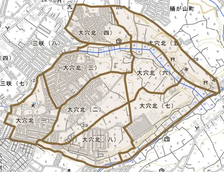 大穴北とその周辺の地図。町の範囲を重ねている