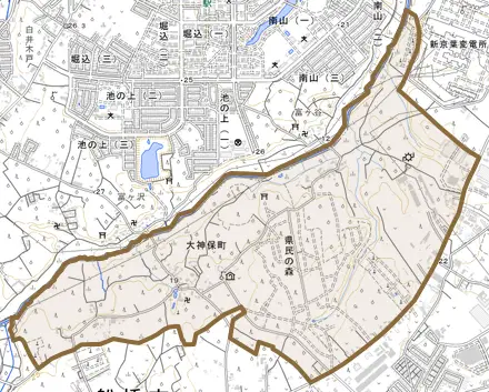 大神保町とその周辺の地図。町の範囲を重ねている