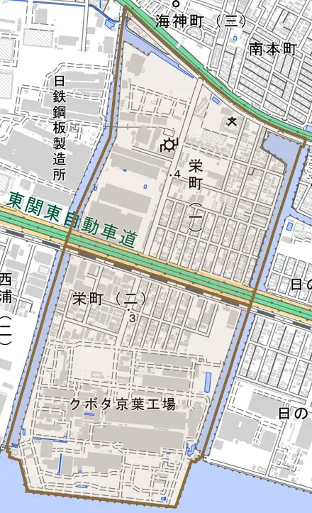 栄町とその周辺の地図。町の範囲を重ねている