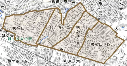 咲が丘とその周辺の地図。町の範囲を重ねている