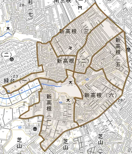 新高根とその周辺の地図。町の範囲を重ねている