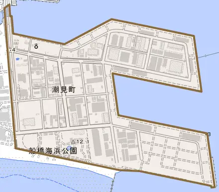 潮見町とその周辺の地図。町の範囲を重ねている