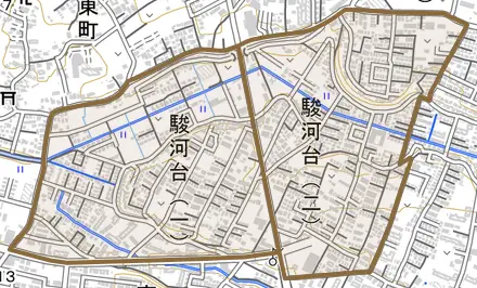 駿河台とその周辺の地図。町の範囲を重ねている