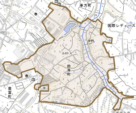 鈴身町とその周辺の地図。町の範囲を重ねている