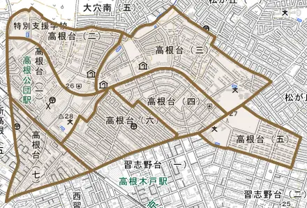 高根台とその周辺の地図。町の範囲を重ねている
