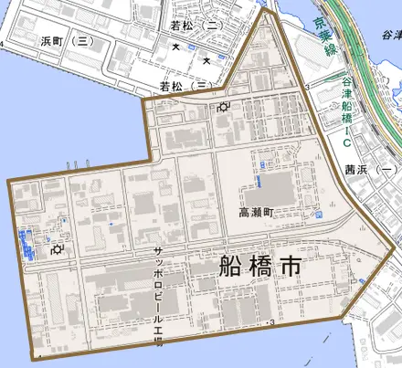 高瀬町とその周辺の地図。町の範囲を重ねている