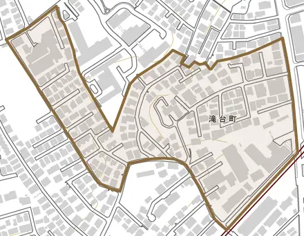 滝台町とその周辺の地図。町の範囲を重ねている