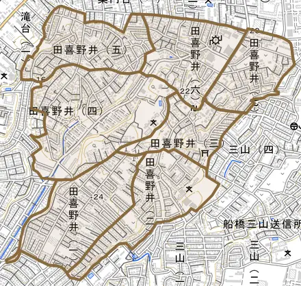 田喜野井とその周辺の地図。町の範囲を重ねている