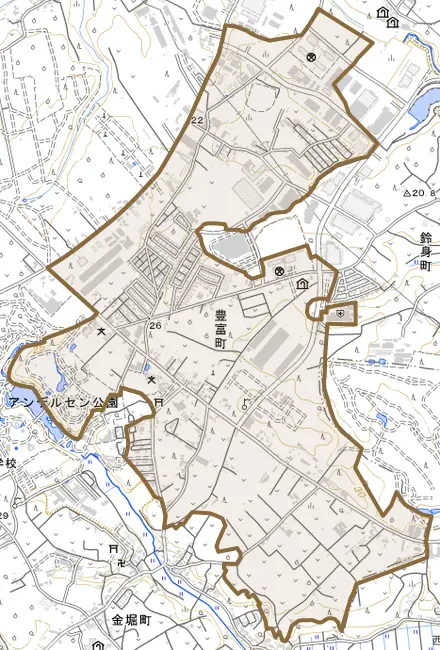 豊富町とその周辺の地図。町の範囲を重ねている