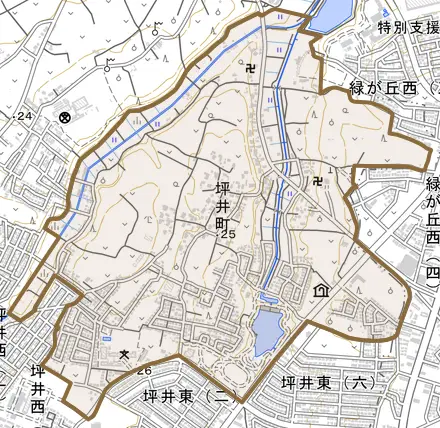 坪井町とその周辺の地図。町の範囲を重ねている