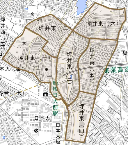 坪井東とその周辺の地図。町の範囲を重ねている