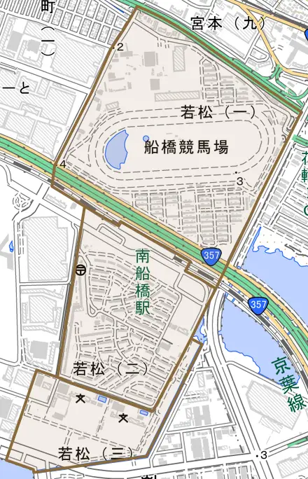若松とその周辺の地図。町の範囲を重ねている