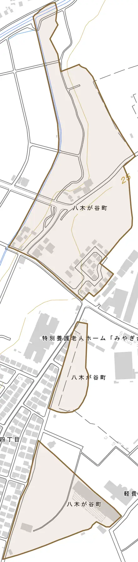 八木が谷町とその周辺の地図。町の範囲を重ねている