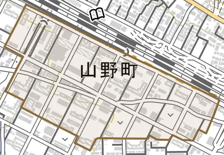 山野町とその周辺の地図。町の範囲を重ねている