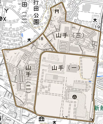 山手とその周辺の地図。町の範囲を重ねている