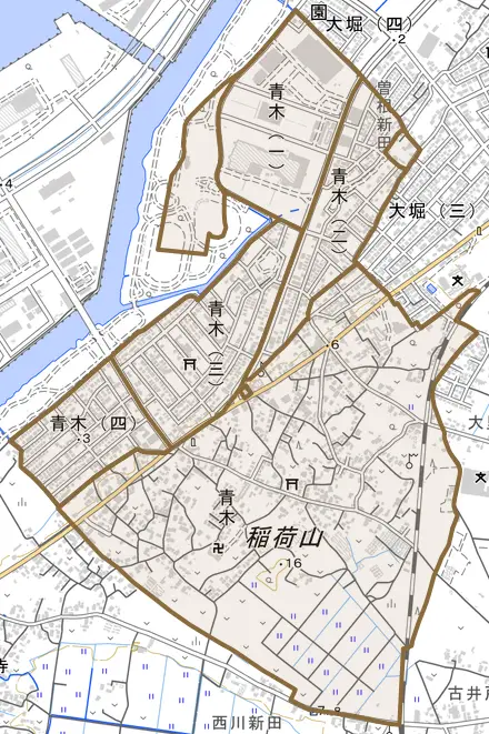 青木とその周辺の地図。町の範囲を重ねている