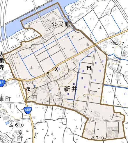 新井とその周辺の地図。町の範囲を重ねている