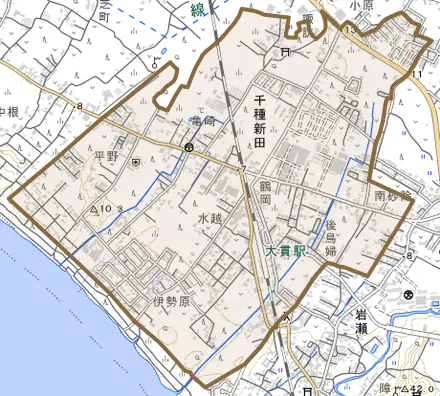 千種新田とその周辺の地図。町の範囲を重ねている
