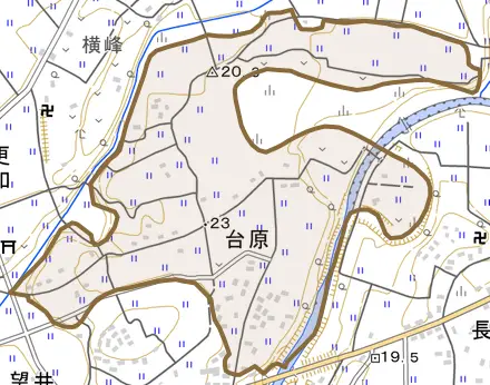 台原とその周辺の地図。町の範囲を重ねている