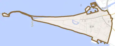 富津とその周辺の地図。町の範囲を重ねている