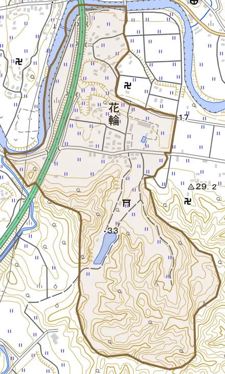 花輪とその周辺の地図。町の範囲を重ねている