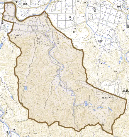 不入斗とその周辺の地図。町の範囲を重ねている