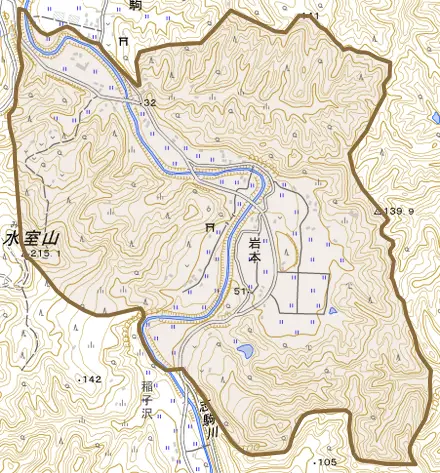 岩本とその周辺の地図。町の範囲を重ねている