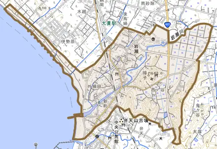 岩瀬とその周辺の地図。町の範囲を重ねている
