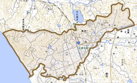 亀田とその周辺の地図。町の範囲を重ねている