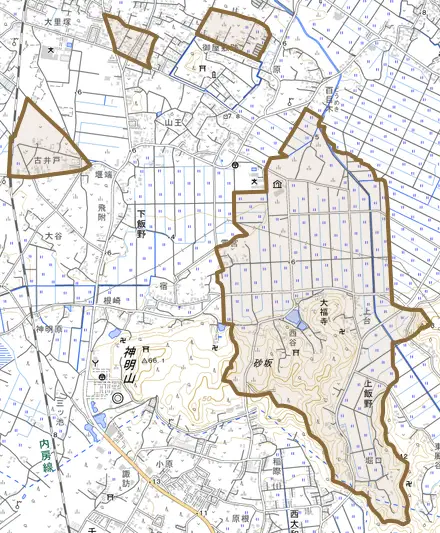 上飯野とその周辺の地図。町の範囲を重ねている