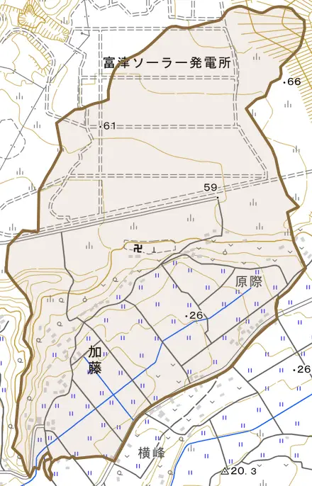 加藤とその周辺の地図。町の範囲を重ねている