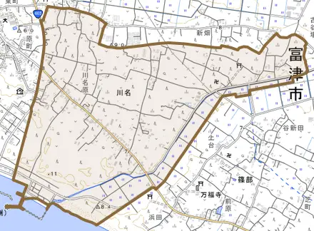 川名とその周辺の地図。町の範囲を重ねている