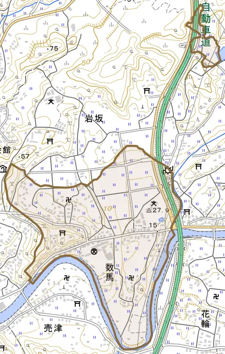 数馬とその周辺の地図。町の範囲を重ねている