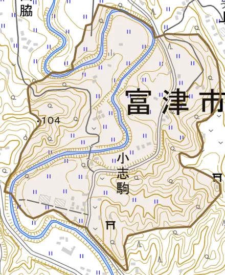 小志駒とその周辺の地図。町の範囲を重ねている