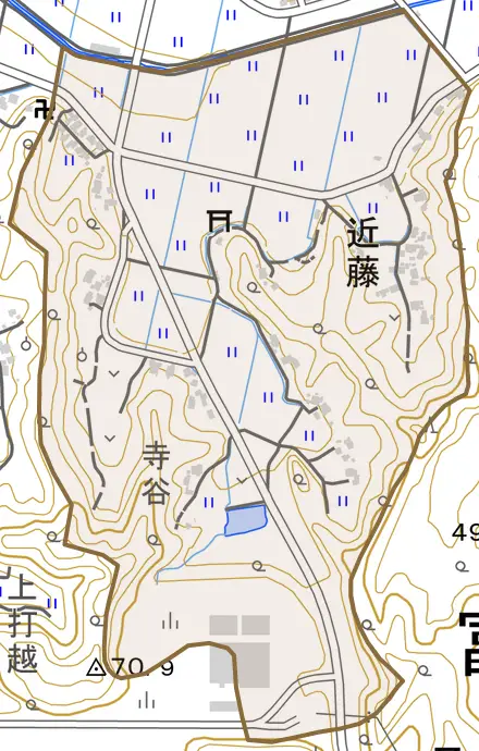 近藤とその周辺の地図。町の範囲を重ねている