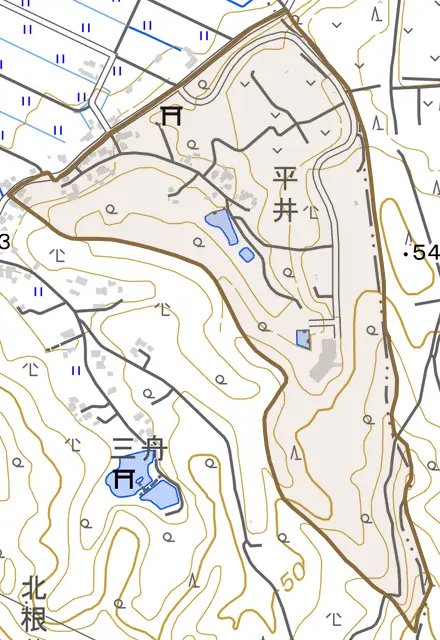 前久保とその周辺の地図。町の範囲を重ねている