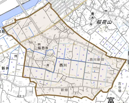 西川とその周辺の地図。町の範囲を重ねている