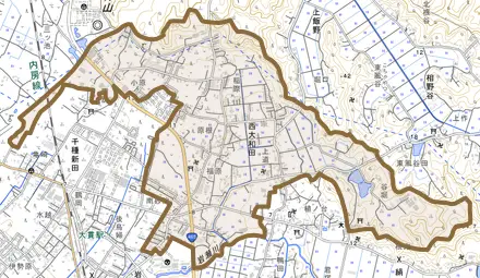 西大和田とその周辺の地図。町の範囲を重ねている