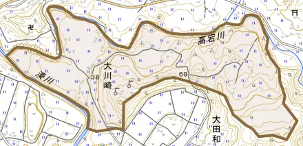 大川崎とその周辺の地図。町の範囲を重ねている